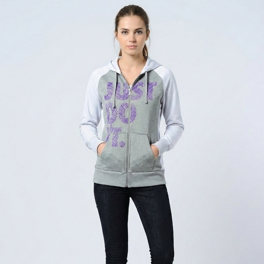 Nike Just Do It Gray White Zip Up Hoodie with Purple Print Size Large Therma Fit